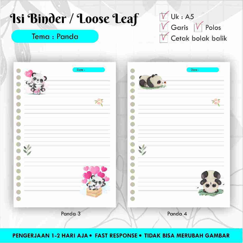 

[10 pcs] Isi Binder / Loose leaf gambar A5 Tema PANDA / Refill Map Binder / Garis Polos