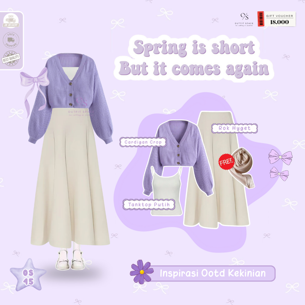 One Set Hijab Outfit | Tanktop Katun Putih, Cardigan Rajut Ungu, Rok Hyget Vanilla | Setelan Rok Wan