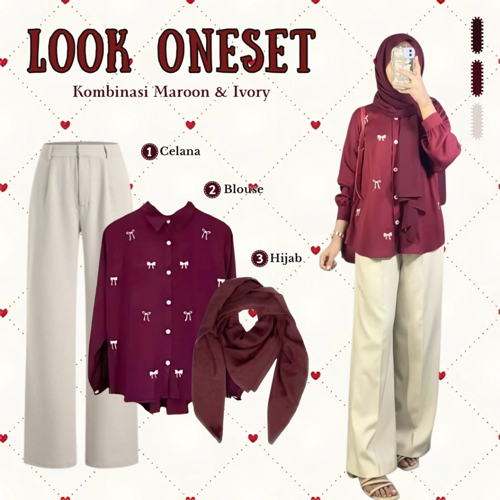 Setelan Wanita 3in1 - Blouse Maroon Pita, Celana Jennie Knit Ivory & Hijab Bella Square Maroon I Loo