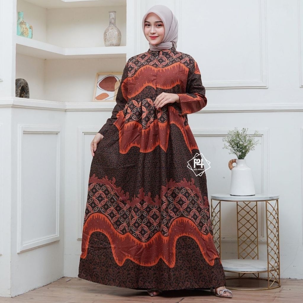 Baju Gamis Batik Wanita Modern Kombinasi Polos Pekalongan Jumbo Lebaran Terbaru
