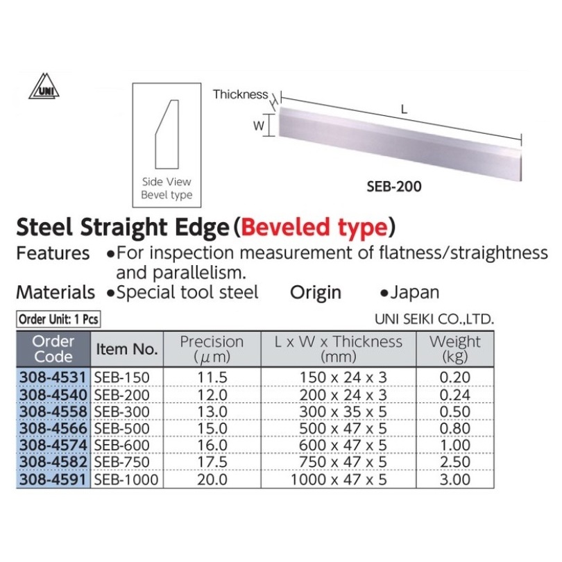 

Steel Straight Edge Beveled Type A grade 300mm UNI SEB-300