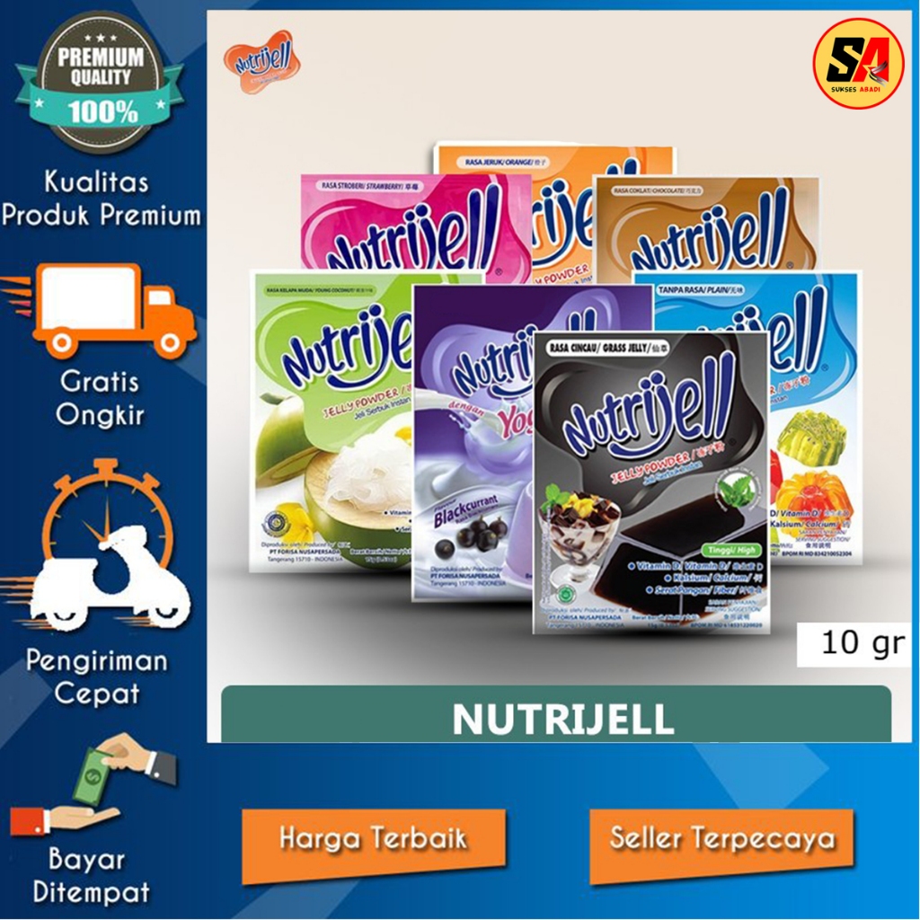 

Nutrijell/Agar Plain Cincau Jeruk Leci Mangga Melon Strawberry Anggur Kelapa Blueberry Jambu Coklat