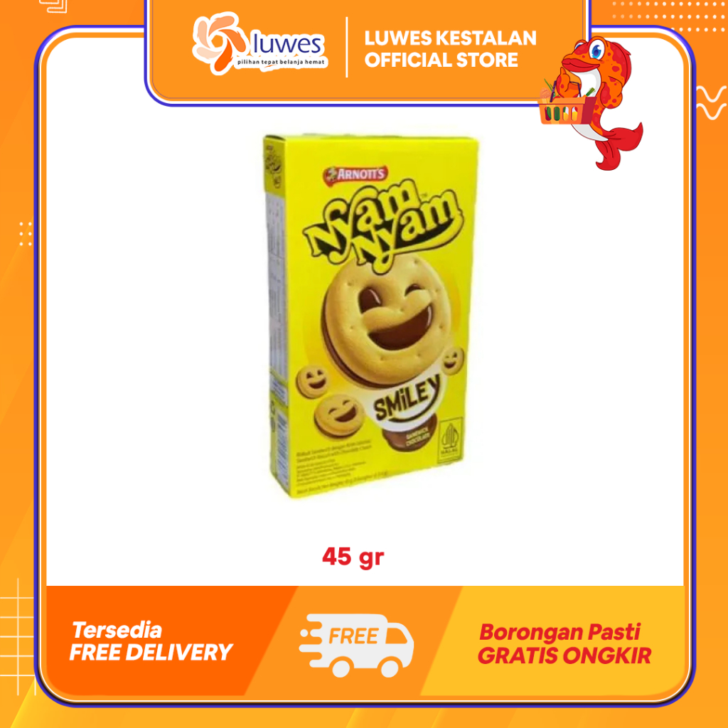 

Nyam Nyam Smiley Biskuit 45gr Berbentuk Lucu Dengan Lapisan Krim Coklat Di Tengah