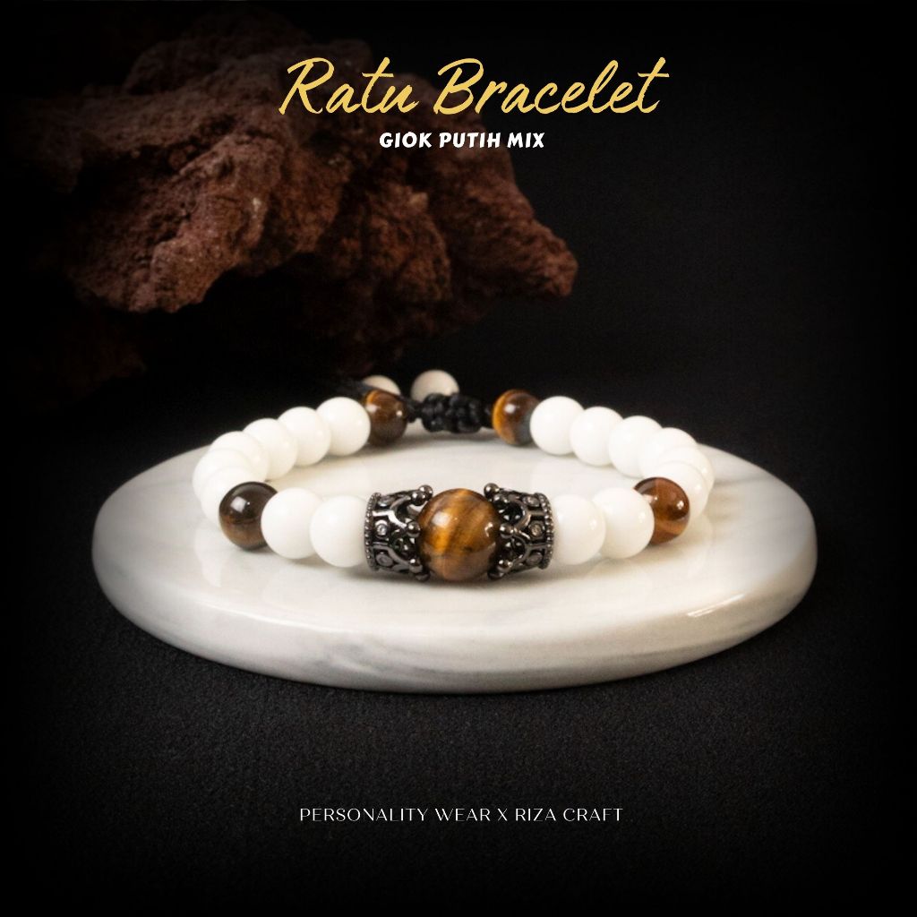 RATU BRACELET - Gelang Aesthetic Pria Wanita Keren Terbaru Batu Alam Giok Putih Kombinasi Tiger Eye 