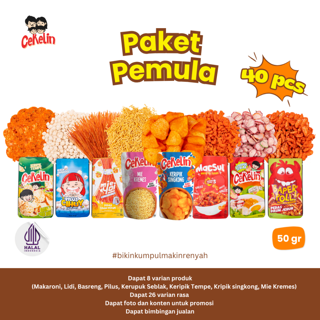 

CEKELIN Paket Pemula Cemilan 40pcs 8 Produk 26 Varian Rasa Gratis Ongkir