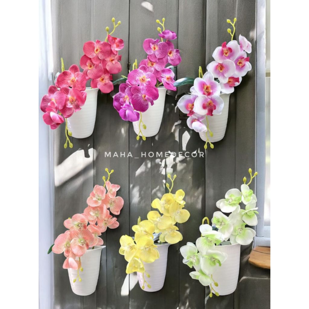 SET BUNGA PLASTIK ANGGREK DENGAN POT DINDING