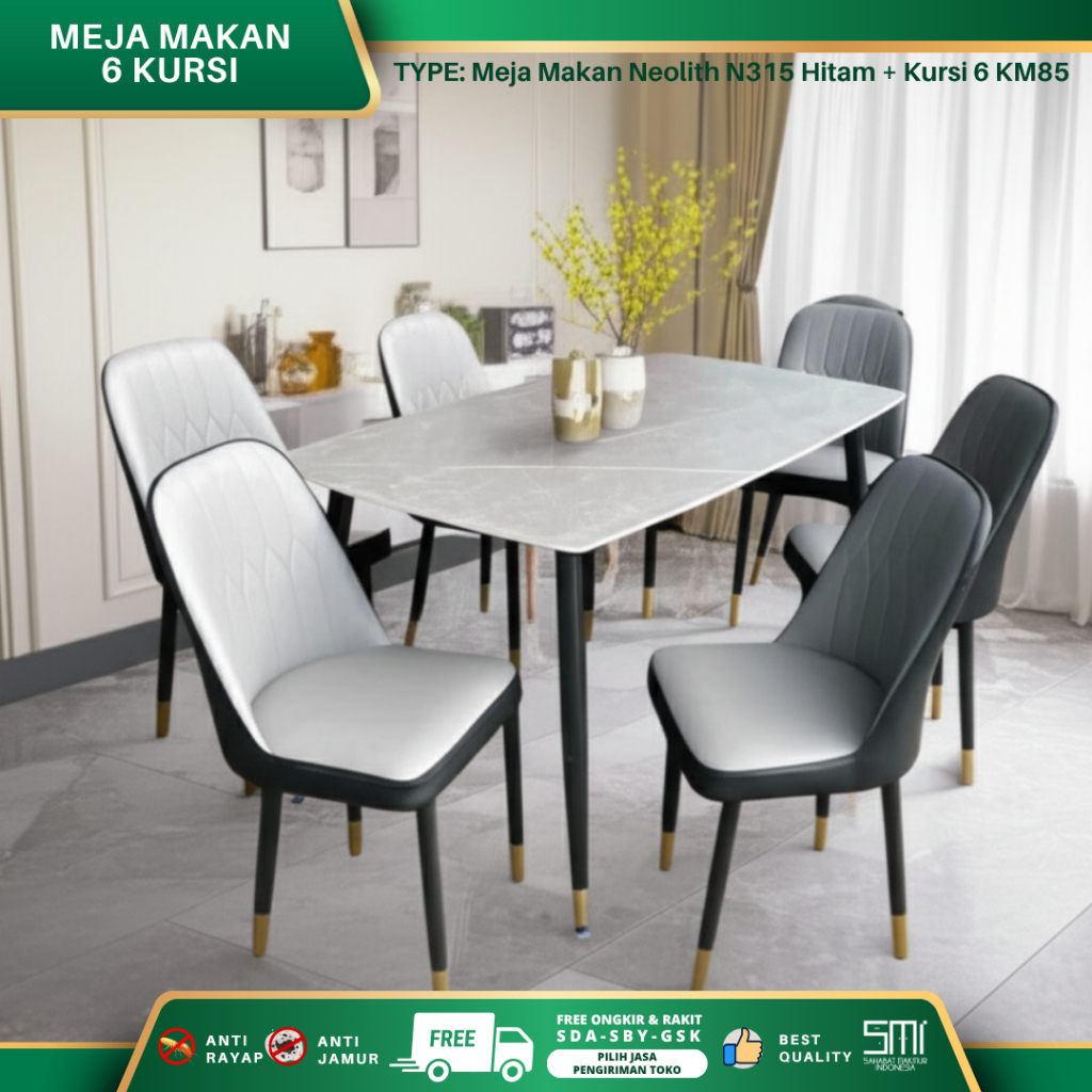 Meja Makan Neolith N315 Hitam + Kursi 6 KM85 / Meja Makan Minimalis 6 Kursi, Meja Makan Besi
