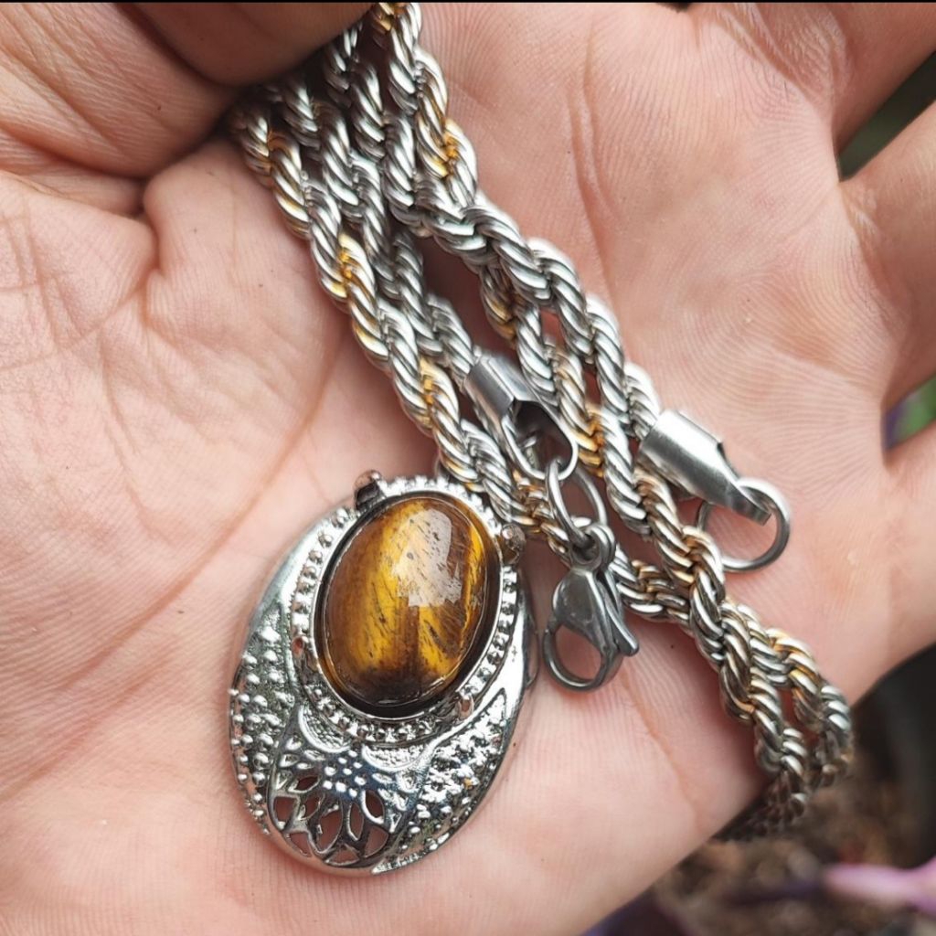 Kalung liontin titanium batu akik tiger eye biduri sepah natural