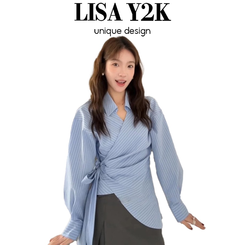 La Chapelle Korea Side Tie dengan pinggang salib kemeja flip kecil wanita awal musim semi baru baju 