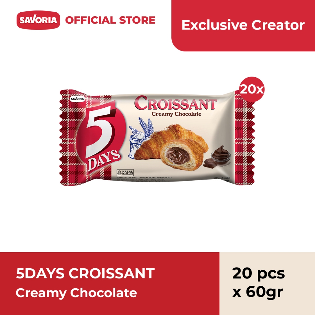 

[Exclusive Affiliate] 5 Days Croissant Creamy Chocolate - Roti Croisant Isi Coklat 20 Pcs x 60g
