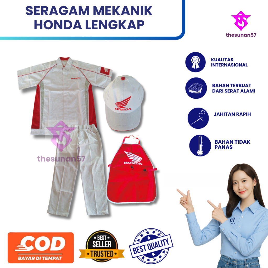 THESUNAN57 || 1 SET SERAGAM MEKANIK HONDA LENGKAP || SERAGAM MEKANIK HONDA BAJU CELANA TOPI APRON
