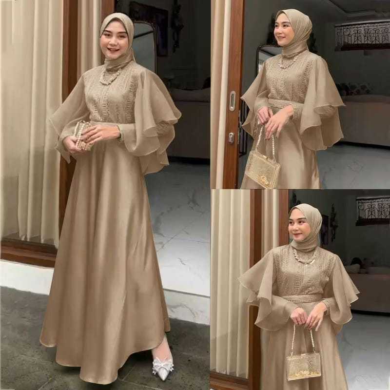 Saisha Gamis Satin Embos Premium Lengan Ruffle Elegan  Dress Muslim Pesta Wanita Terbaru