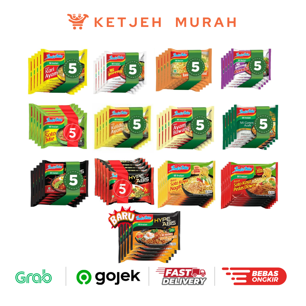 

Paket 5 Pcs Indomie Mie Instant Goreng / Kaldu Ayam / Kari Ayam / Soto Ayam / Ayam Bawang / Ayam Spesial / Rendang / Aceh / Ayam Geprek / Seblak / Soto Koya Nagih / Soto Koya Pedas Dower / Banglahdes