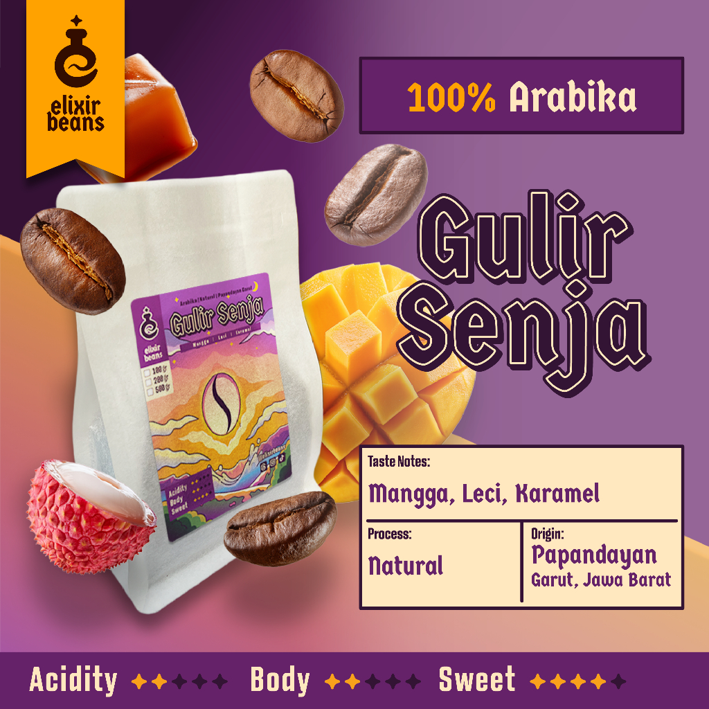 

Elixir Beans – Biji Kopi Arabika Gulir Senja | Natural Process Papandayan Garut Roasted Beans