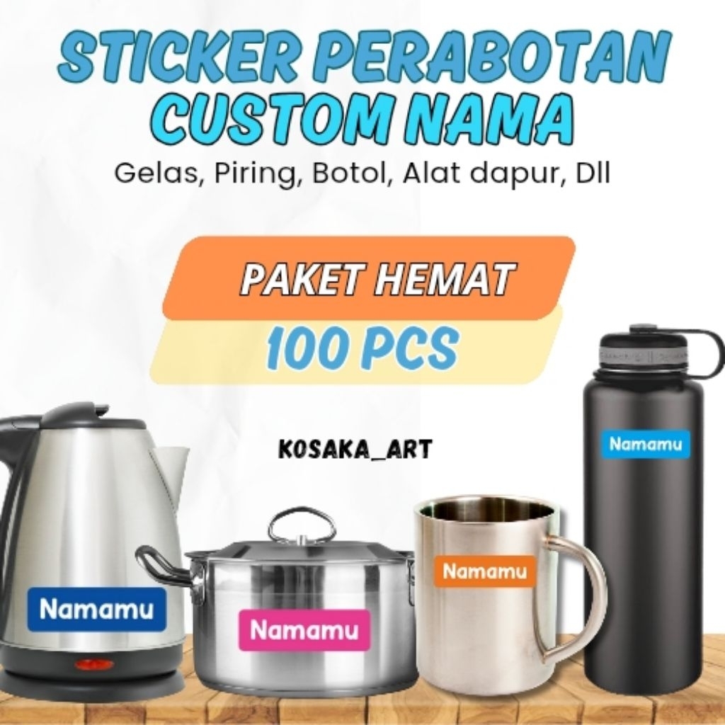 

100pcs Sticker Custom Nama Piring Sendok Botol Barang Perabotan Stiker Ajaib Waterproof Timbul Label