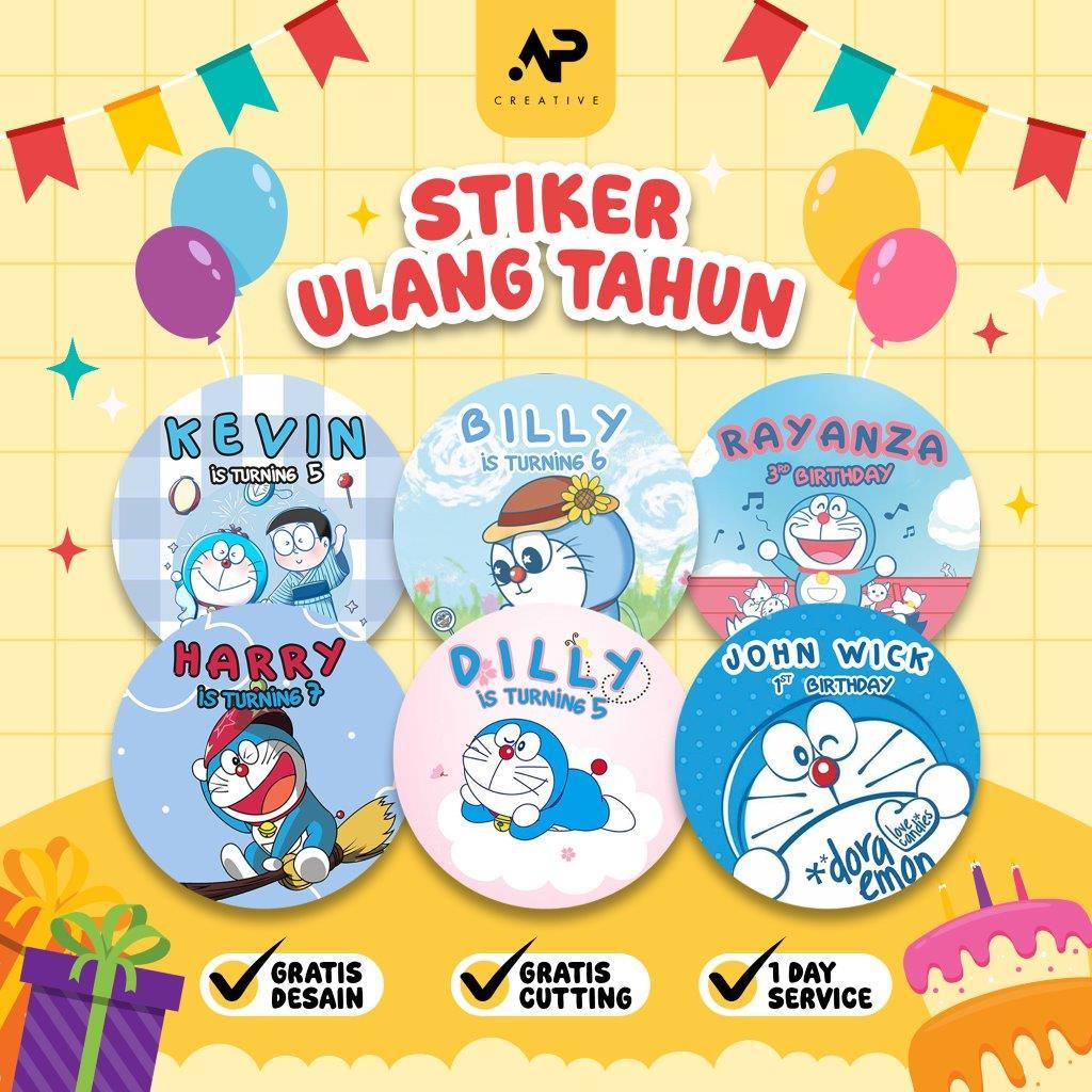 Stiker Ulang Tahun DORAEMON EDITION | Stiker Label Ulang Tahun Anak CUSTOM NAMA | Stiker Ultah Anak 