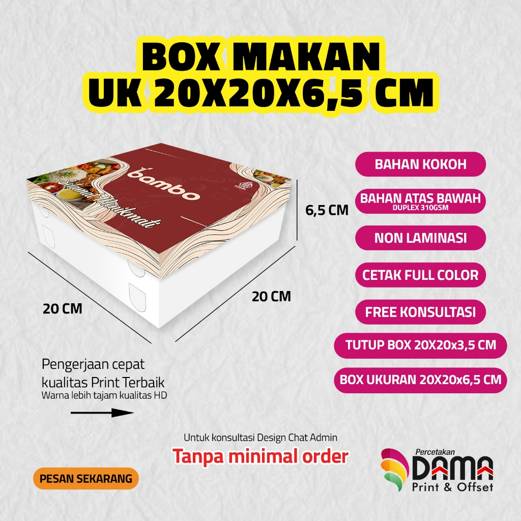 

CETAK BOX MAKANAN CUSTOM / LUNCH BOX PAPER CUSTOM DESIGN / BOX MAKANAN 20X20 PISAH TUTUP ATAS BAWAH