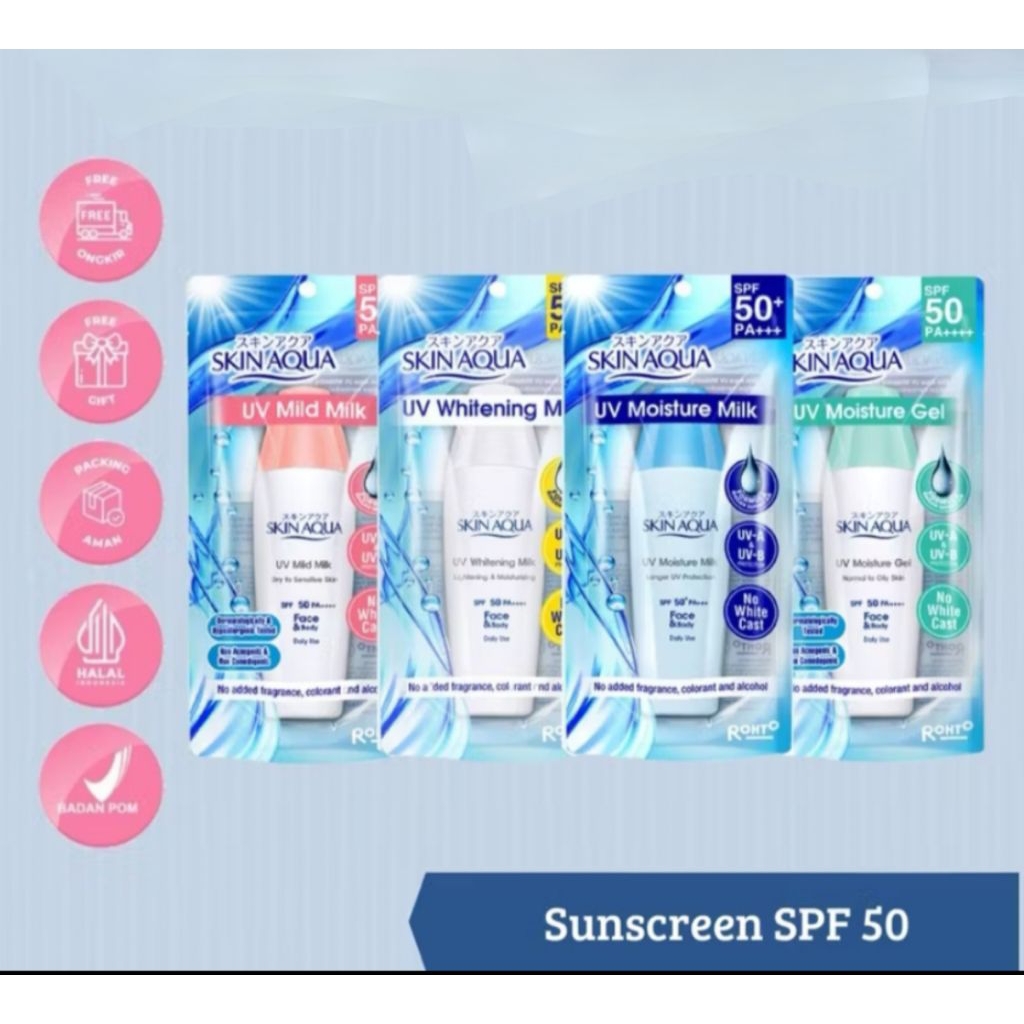 Skin Aqua Sunscreen SPF 50 | Skin Aqua  Moisture Gel Hijau, Mild Milk Pink, Whitening Milk SPF 50,Mo