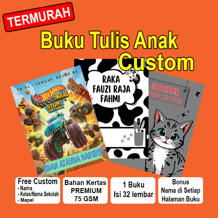 

(Cetak cepat 1 hari) BUKU TULIS ANAK TEMA LUCU & WARNA WARNI + Free Design Nama Anak – UKURAN A5+ (16X21CM) PAS UNTUK TAS SEKOLAH