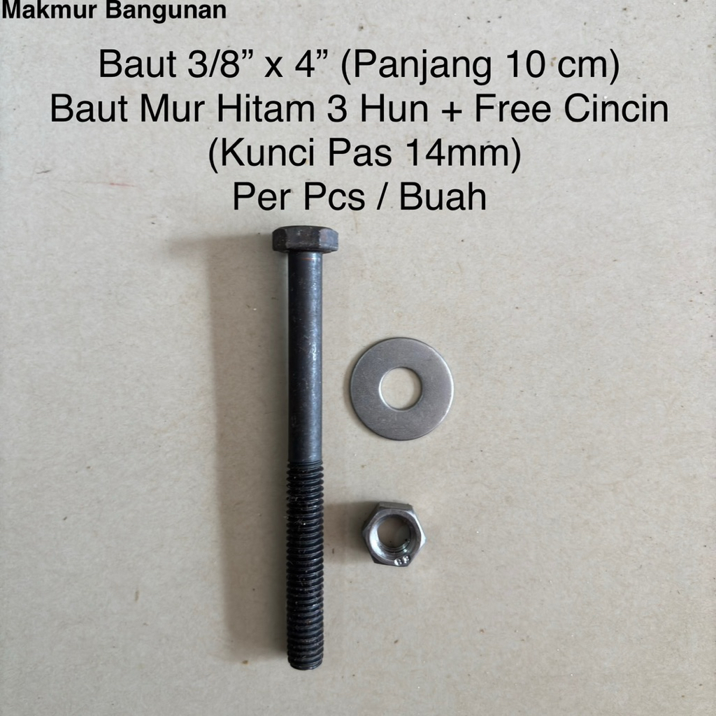 Baut Mur Hitam 3/8” x 4” Inch (Panjang 10 cm) + Free Cincin | Baut Mur 3 Hun 10cm Per Pcs | Kunci Pa