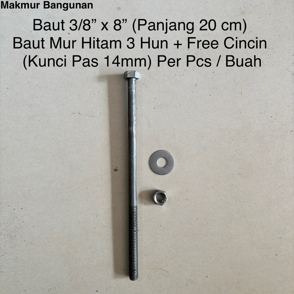 Baut Mur Hitam 3/8” x 8” Inch (Panjang 20 cm) + Free Cincin | Baut Mur 3 Hun 20cm Per Pcs | Kunci Pa