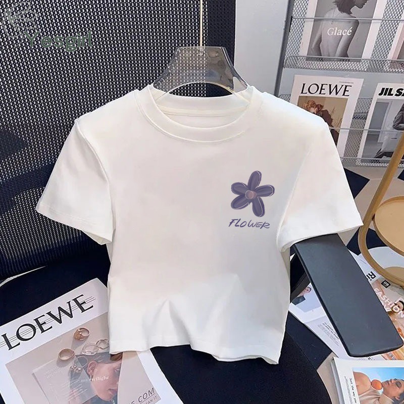 Yesgirl T-shirt Crop Top y2k Lengan Pendek Kaos Wanita Crop Top Bunga Ungu Kaus Crop Wanita Baju Ata