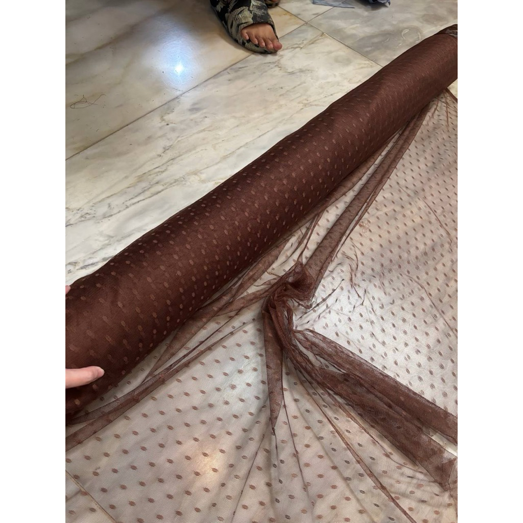 Bahan Kain Soft Tile Tille Tule Dot Dotty Snow Warna Coklat Tanah