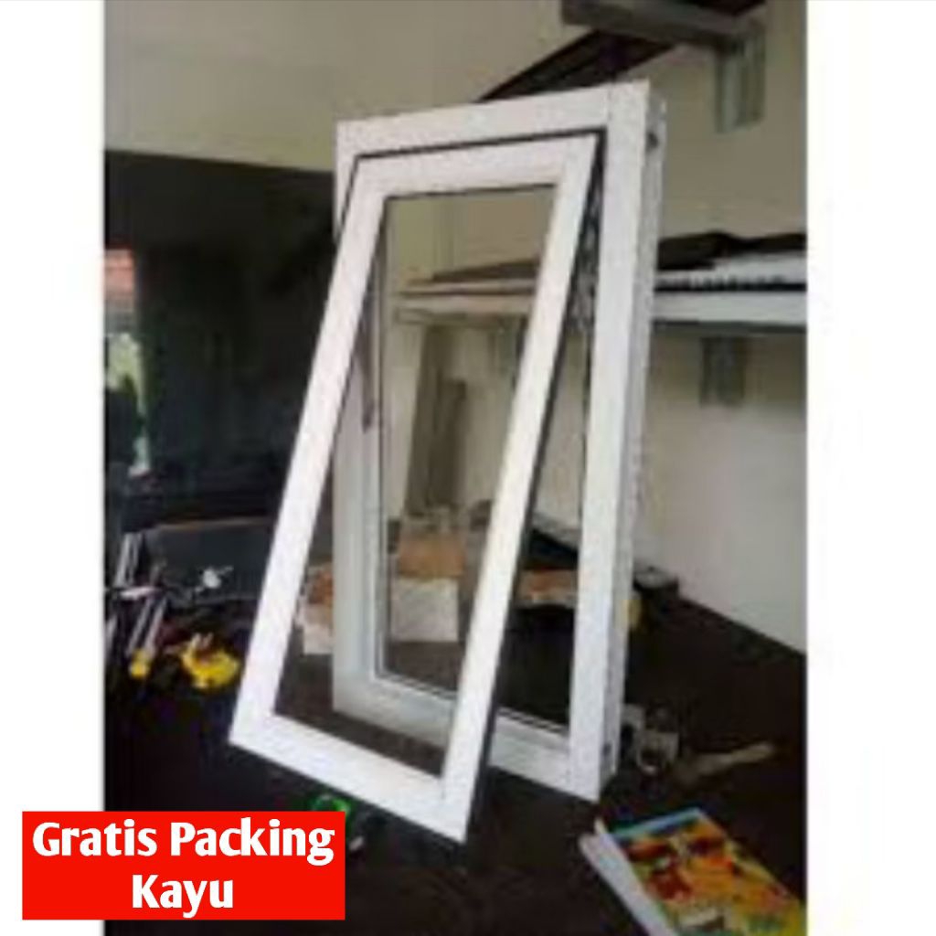 Jendela aluminium jungkit depan UK.100 x 50 Free packing kayu