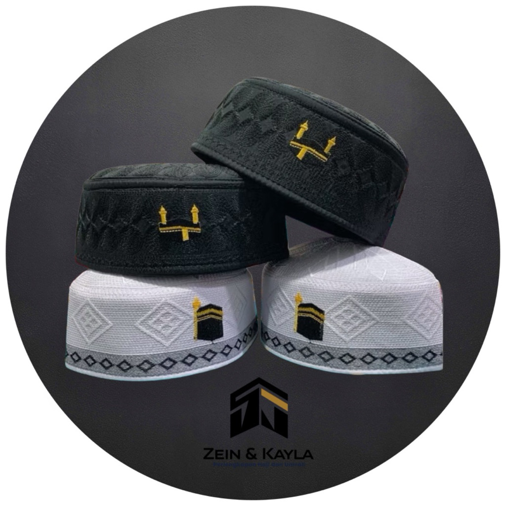 Kopiah Bordir Motif Ka’bah Putih & Hitam Lobe Premium Bordiran Peci Putih & Hitam Logo Ka’bah