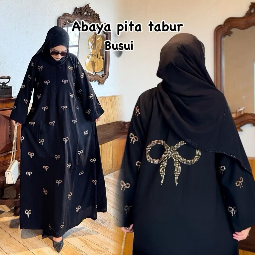 abaya pita dewasa / abaya pita anak / gamis jetblack / gamis pita /abaya pita