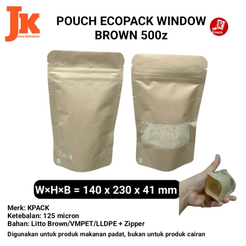 

ECOPACK WINDOW 500Z STANDING POUCH WINDOW LITHO BROWN PAPER KERTAS KEMASAN KOPI BUBUK SNACK 500G KLIP ZIPPER KPACK