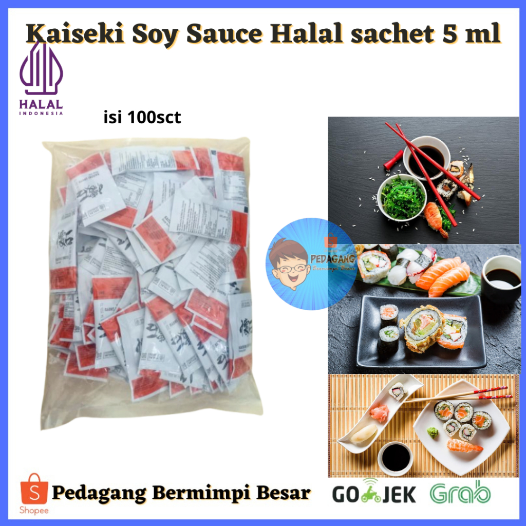 

Kaiseki Soy Sauce sachet isi 100 sachet / Soy Sauce Sachet Shoyu Kecap Asin Jepang Halal /shoyu sachet/ Kecap Asin 5ml