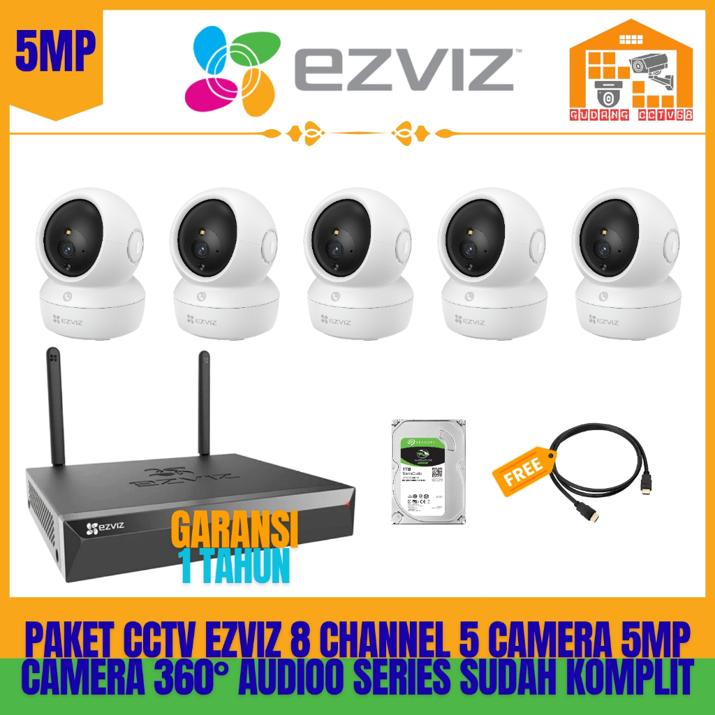 Paket CCTV Ezviz 5MP NVR 8 Channel 5 Kamera Ezviz 5MP Two Way Audio 3K PTZ Camera Wireless