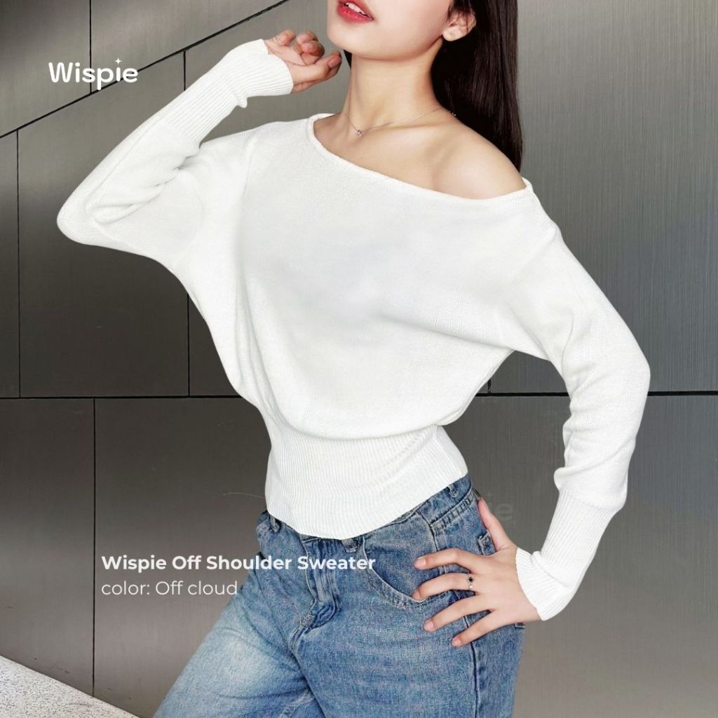 Wispie Off Shoulder Sweater | Atasan Knit Wanita Lengan Panjang Hitam Putih