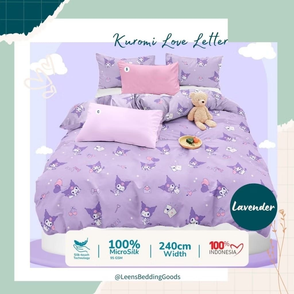 SPREI KARET KATUN PREMIUM 90/100/120/140/160/180/200 Motif Kuromi purple ungu love letter