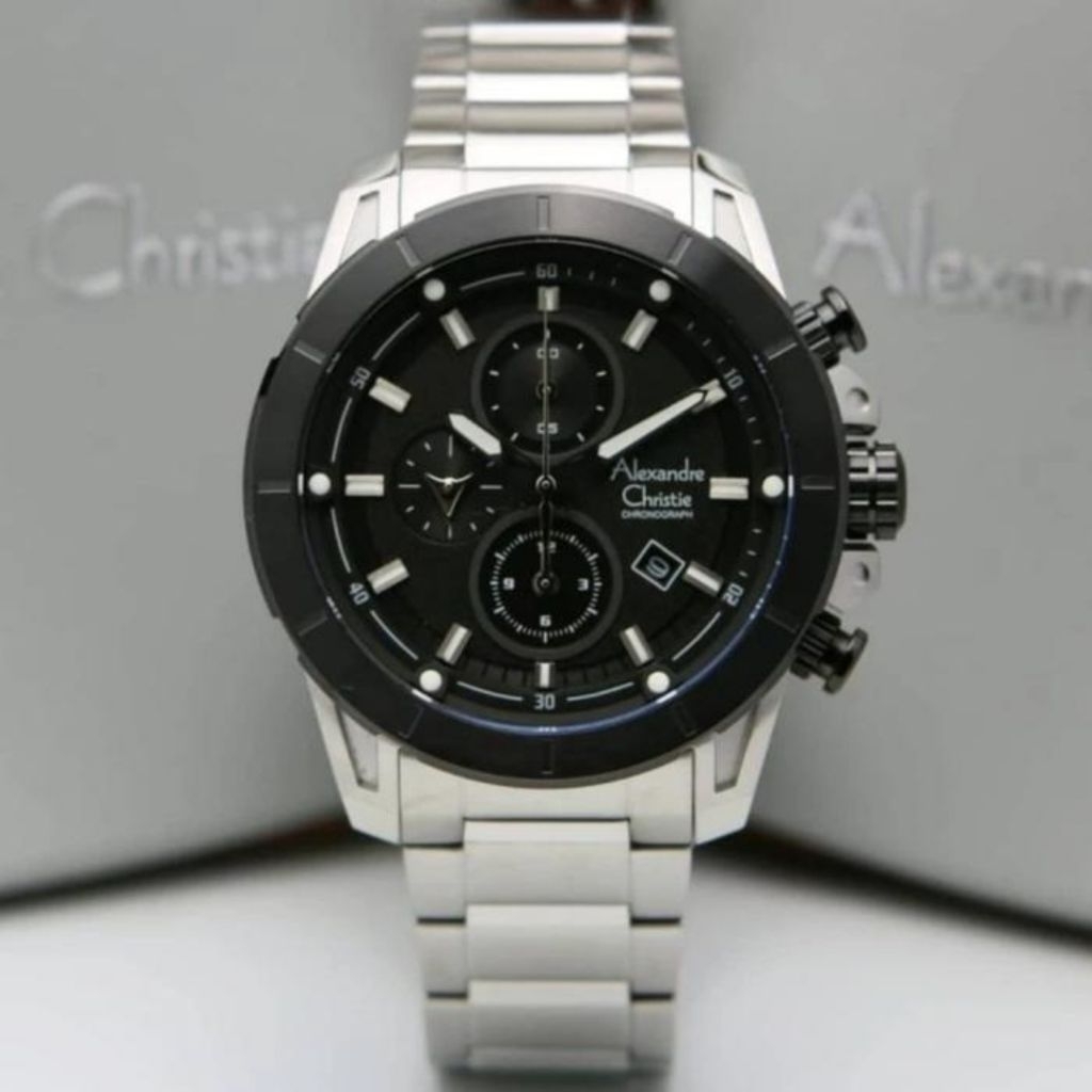 JAM TANGAN PRIA ORIGINAL ALEXANDRE CHRISTIE AC6522MC  SILVER BLACK  STAINLESS STEEL