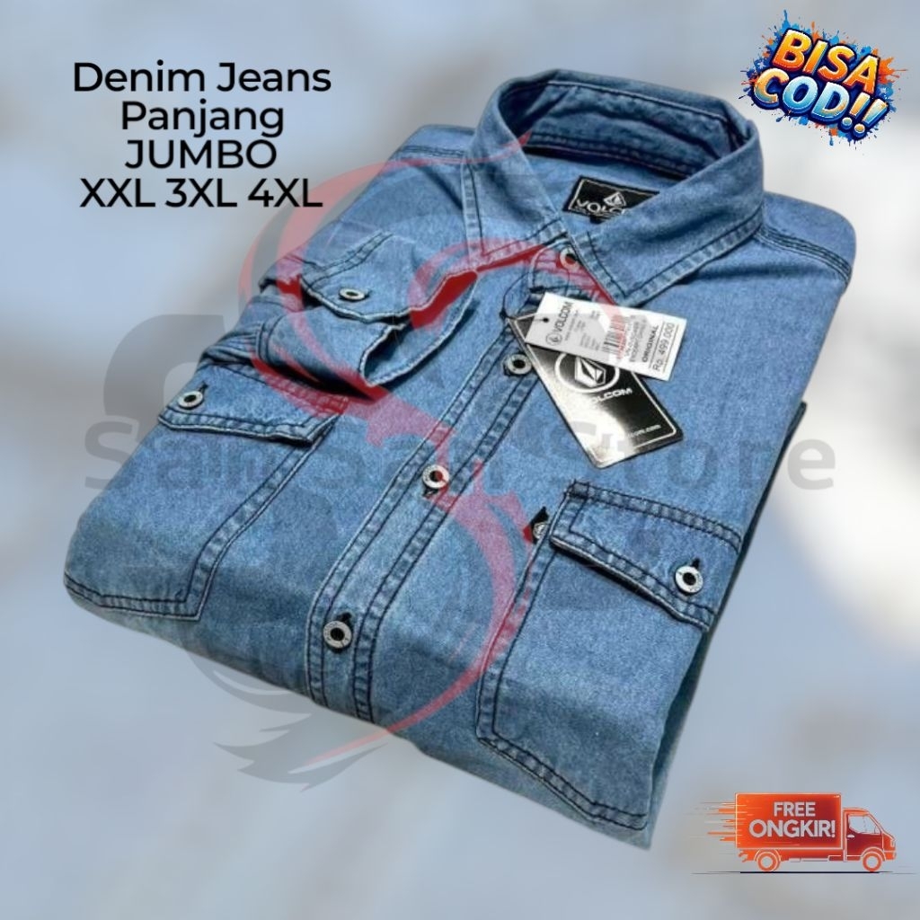 baju kemeja pria jeans denim lengan panjang jumbo bigsize oversize distro murah XXL 3XL 4XL volcom