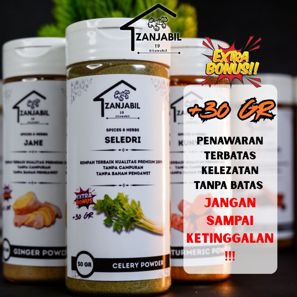 

Seledri Bubuk Organik Bumbu Zanzabil 50gr + Bonus 30gr Herbal Alami