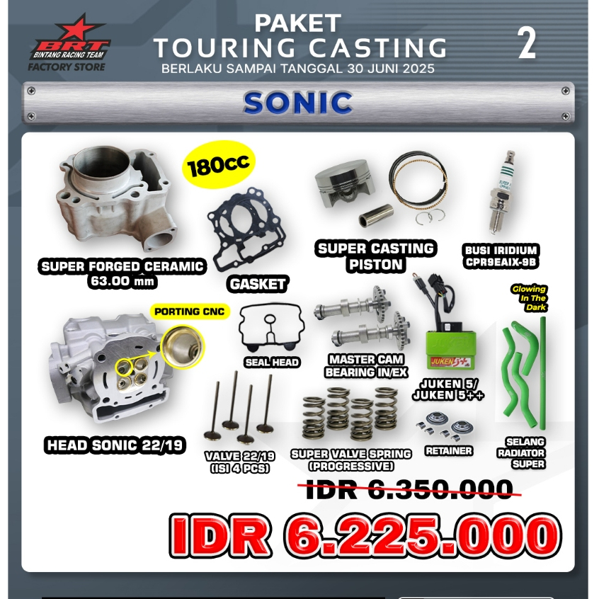 PROMO PAKET TOURING CASTING BRT / SONIC / BLOK CERAMIC / GASKET/PISTON / BUSI IRIDIUM BRT / HEAD SON