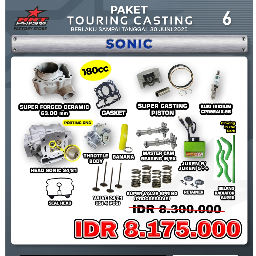 PROMO PAKET TOURING BRT / SONIC / BLLOK  CERAMIC / GASKET / PISTON / BUSI IRIDIUM BRT / HEAD SONIC /