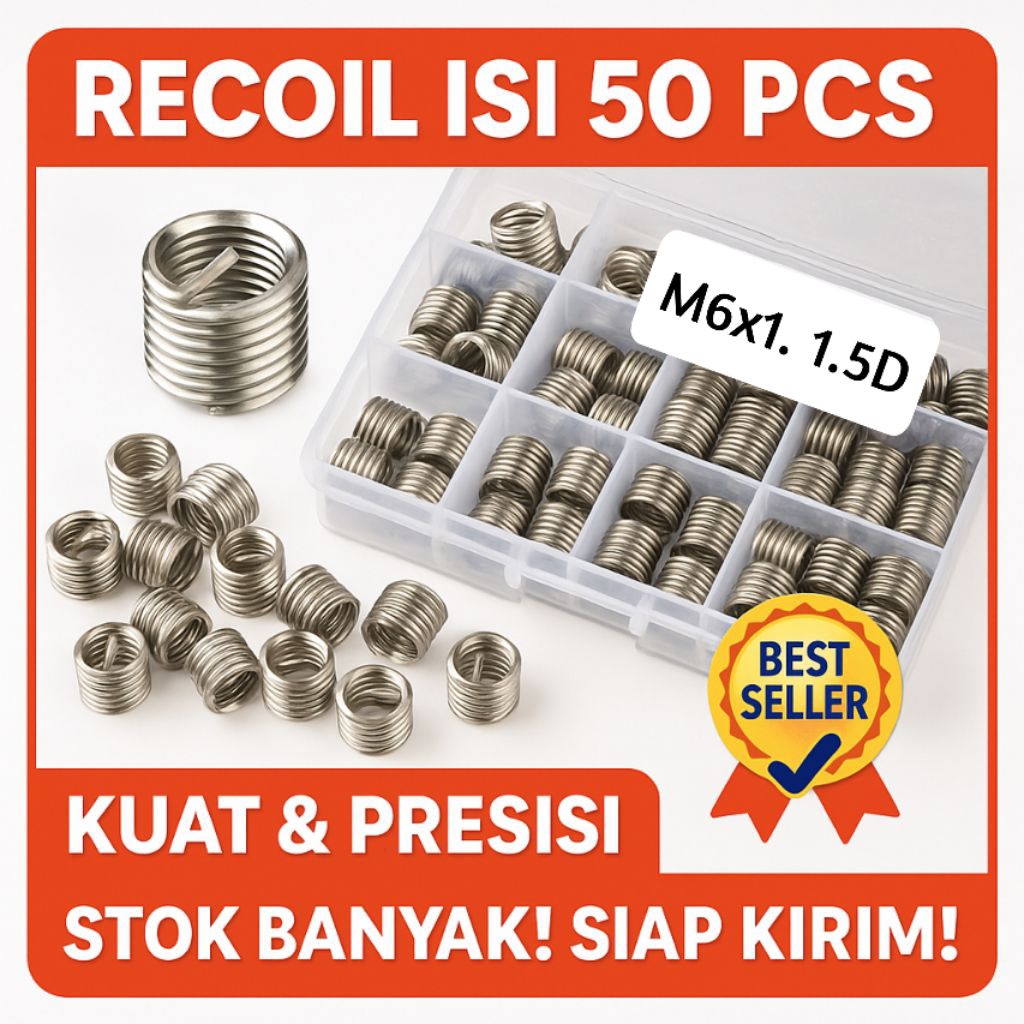 Recoil M6x1 1.5D – Ulir Drat Helicoil Insert Stainless Baja, Recoil, Ulir Tanam, Helicoil, Drat Baut