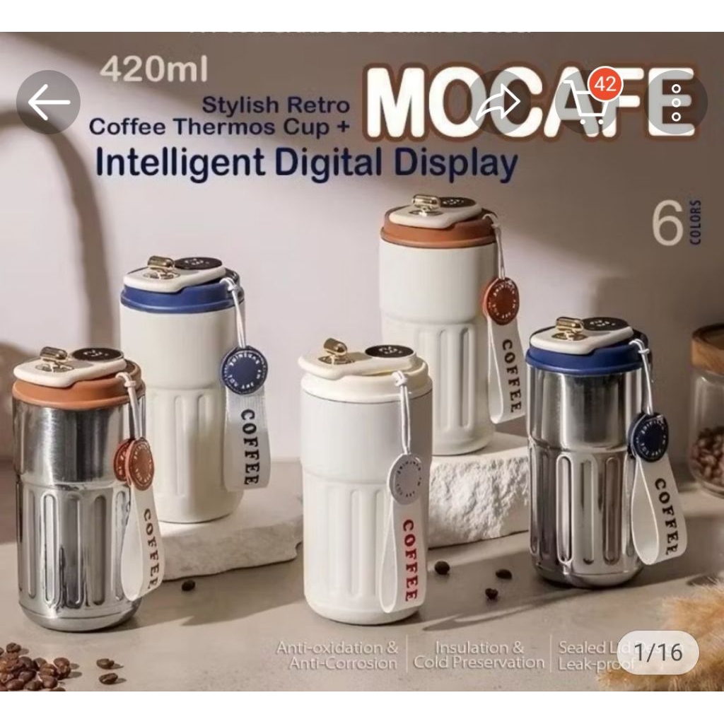 TUMBLER STAINLESS MUG MOCAFE COFFEE 136 - 450ML SUHU DIGITAL LED GELAS TERMOS AIR KOPI PANAS TAHAN L