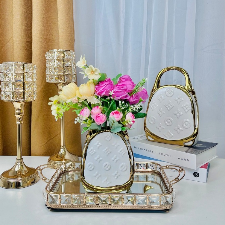 [VAES] Pajangan Tas Vas Keramik LV01 Putih Emas | Vas Bunga Gold White Minimalis | Dekorasi Mewah Ru