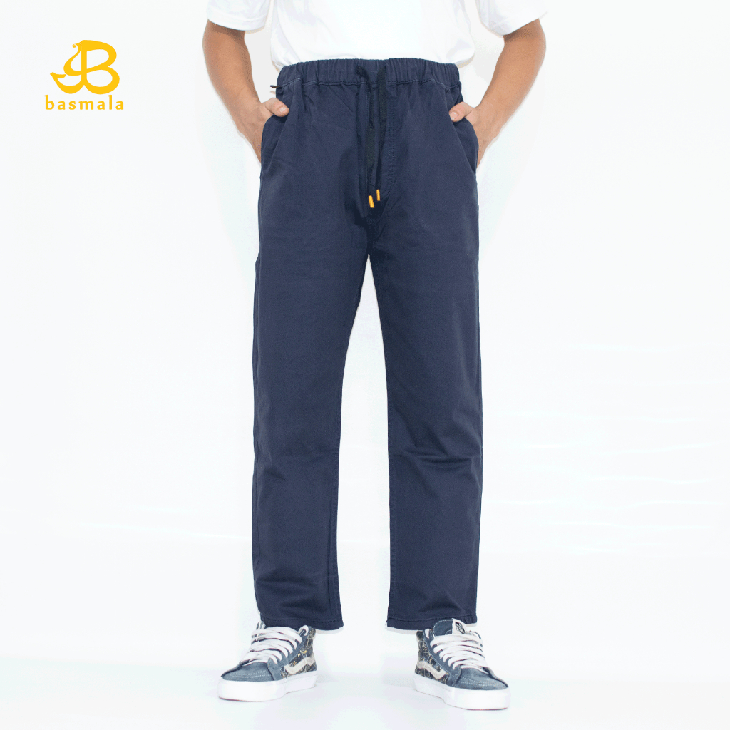 BASMALA - Sirwal Basic Harian Santri Celana Pria Katun Twill Premium Celana Panjang Pria Warna Navy
