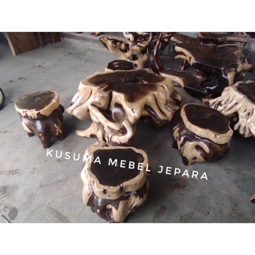 Set 1 Meja 4 Kursi Stool Tamu Mebel Jepara Akar Kayu Sonokeling Utuh - Panjang Meja 110cm x Lebar 10