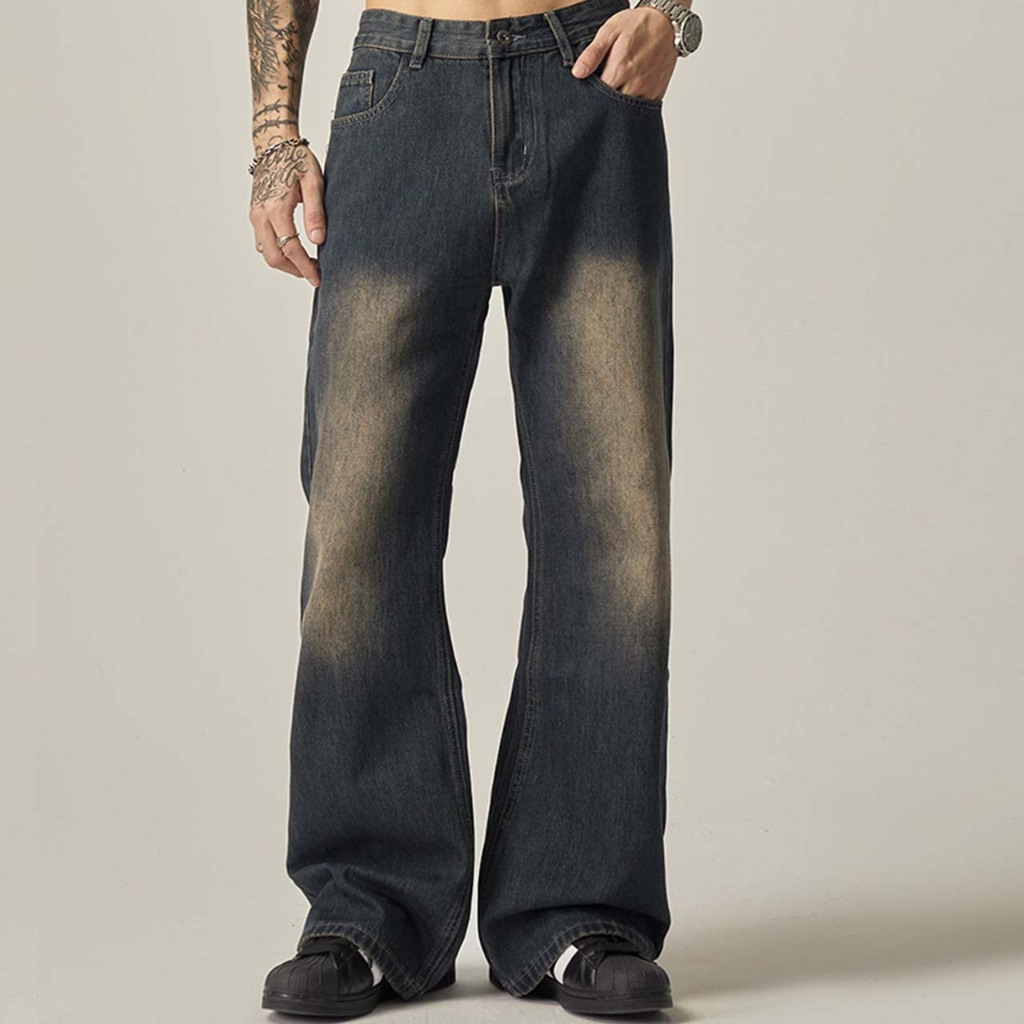 Vintage Jeans Pria Wide Leg Korean Style Baggy Straight Cut Jeans