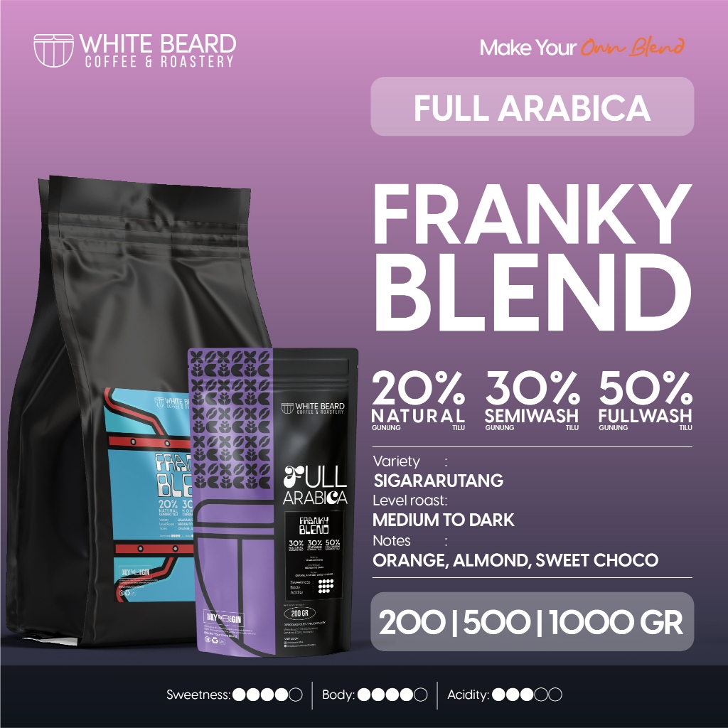 

Whitebeard - Franky Blend 20% Natural 30% Semiwash 50% Fullwash Biji Kopi Bubuk 200 gr 500gr kg