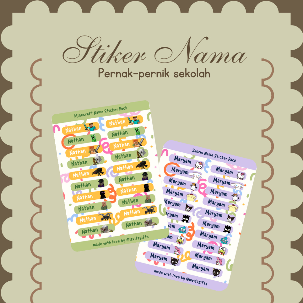 

180pcs Stiker waterproof label nama anak | Back to School | Alat tulis lucu label | Minecraft, Sanrio, Geometry Dash, Lotso, Coolkid