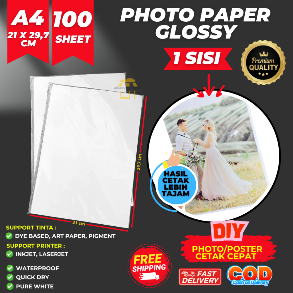 KERTAS FOTO GLOSSY A4  ISI 100 LEMBAR ANTI AIR / PHOTO PAPER GLOSSY INKJET WATERPROOF