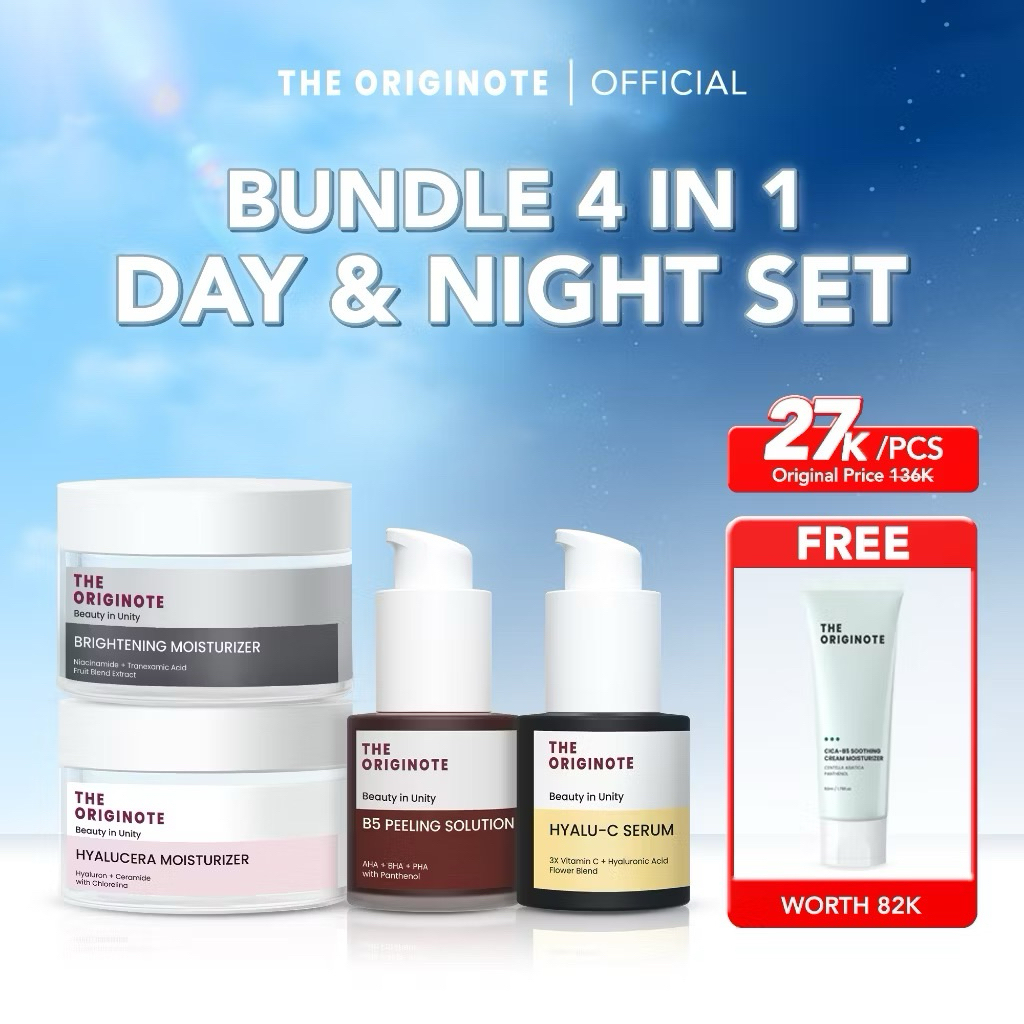 Paket Skincare The Originote 4in1 Day & Night Set - Serum, Peeling, Moisturizer + Free Cleanser